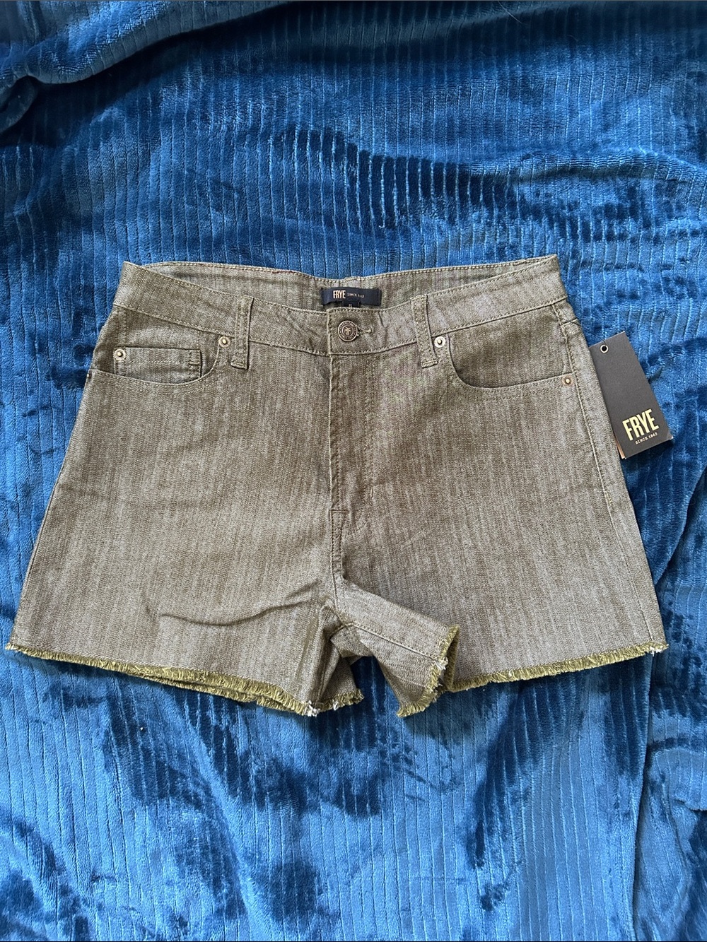FRYE Olive-Tone Denim Cutoff Shorts